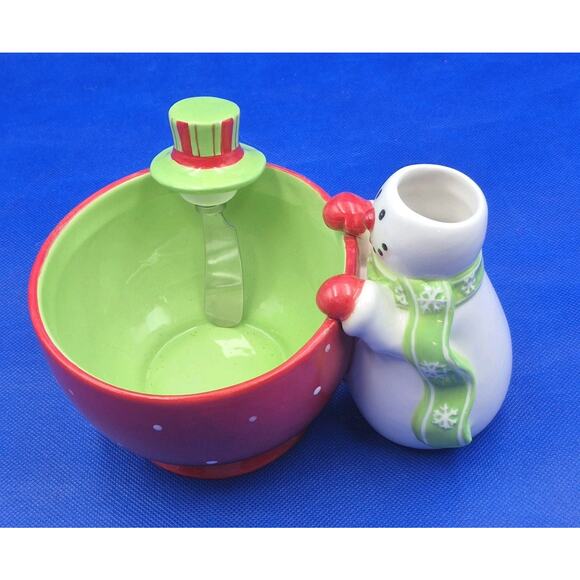 Festive Ceramic Snowman Dip Bowl with Serving Knife Red Green White 8x5x6" - Picture 6 of 8